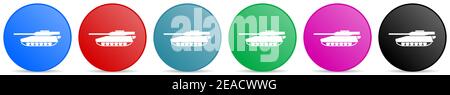 Tank, army, military, war vehicle vector icons, set of circle gradient buttons in 6 colors options for webdesign and mobile applications Stock Vector