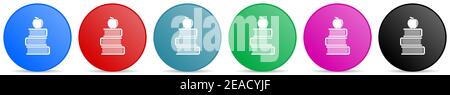 Apple on books, education, knowledge vector icons, set of circle gradient buttons in 6 colors options for webdesign and mobile applications Stock Vector
