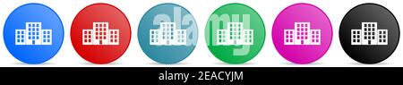 Office buildings vector icons, set of circle gradient buttons in 6 colors options for webdesign and mobile applications Stock Vector