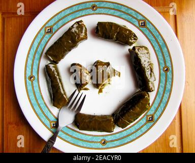 Greek Cuisine. Stuffed Vine Leaves, Dolmades. Stock Photo