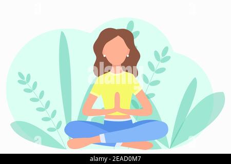 The girl in nature sits in the lotus position. Vector, a woman is engaged in yoga. Self-isolation, quarantined sports. Flat illustration, concept. Stock Vector