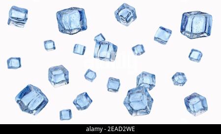 Falling ice cubes isolated on white background with blur and depth of field. 3d render illustration Stock Photo