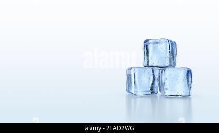 Ice cubes with reflections isolated on white background. 3d render illustration Stock Photo