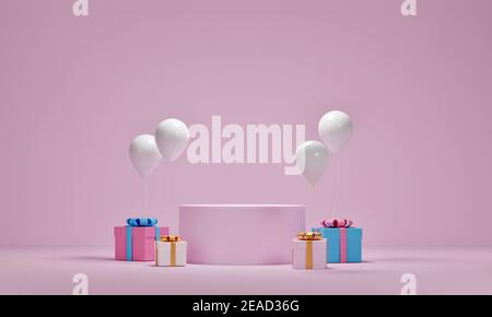 Mock up of gift box and balloons with platform for cosmetic product presentation on pink background. 3D rendering. Stock Photo