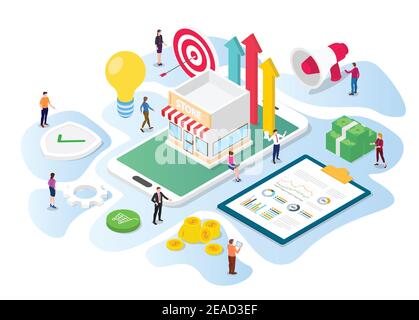 online store promotion concept team work people working on data and marketing tools to promote with modern isometric 3d style vector illustration Stock Photo