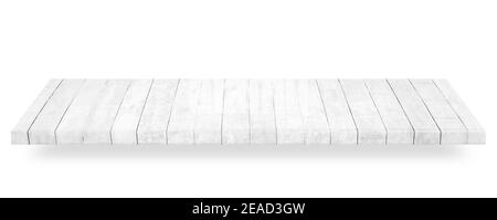 Wooden white tabletop or wood shelf isolated on white background. Object with clipping path. Stock Photo