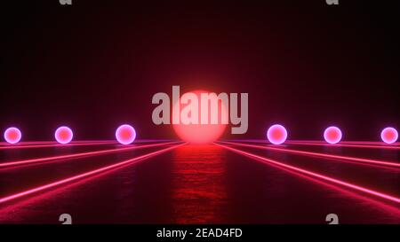 Glowing red neon spheres with reflections on ground, lights, abstract vintage retro background, ultraviolet, spectrum vibrant colors, laser show. 3d r