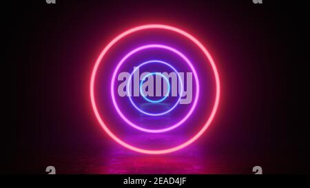 Glowing neon red purple circles rings lines with reflections on ground, lights, abstract vintage background, ultraviolet, spectrum vibrant colors, las Stock Photo