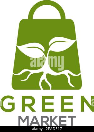 Green market logo with using shopping bag icon incorporated with tree graphic template Stock Vector
