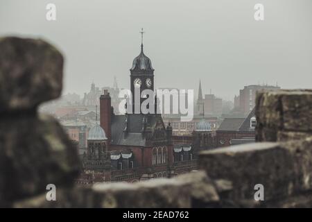 Skyline view of York from the top of Clifford's Tower during a foggy day in Winter, Yorkshire, England, UK. Stock Photo