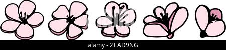 Vector set silhouettes of five hand drawn pink magnolia flowers isolated on white background. Vector illustration. Flowers spring doodle, sketch illus Stock Vector