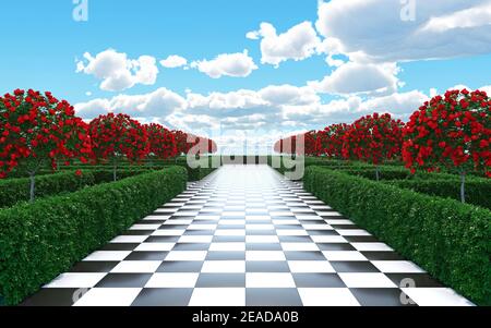 Maze garden 3d render illustration. Chess, golden flamingo, trees with red flowers and clouds in the sky. Stock Photo
