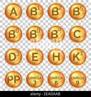 Golden vitamin capsules. Complex vitamins with omega 3 and C, E, B, B2, B5, B6, B12, H and K1. Cosmetic pills and oil balls icons vector set Stock Vector