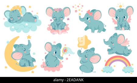Dreaming elephant. Baby elephants sleep on cloud and moon, catch star or fly over rainbow. Magic animal girl with crown and wings vector set Stock Vector