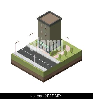 Isometric house. Vector isometric element representing apartment house with little store on the first floor near the road. Block. City element. Stock Vector