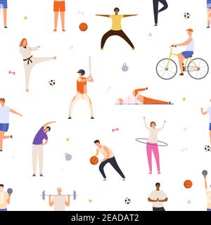 People exercise seamless pattern. Active man and woman do yoga, sport, ride bicycle and play basketball. Flat healthy lifestyle vector print Stock Vector