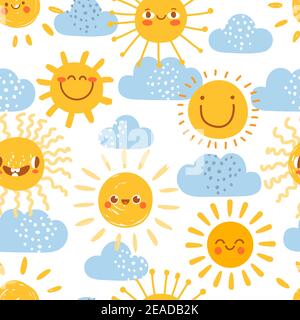 Cartoon sun seamless pattern. Print for nursery with summer sunny day sky with clouds. Cute baby sunshine with funny emoji faces vector set Stock Vector
