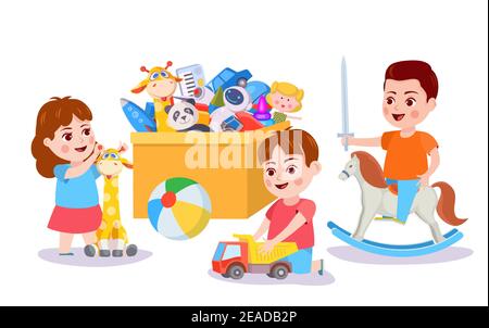 Kid playing with toys. Children and box with toy cars, blocks and bear. Boy play pretending on rocking horse. Kids activity vector concept Stock Vector