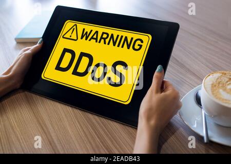 DDoS attack detection message. Virus and Hacking. Cyber security and internet concept Stock Photo