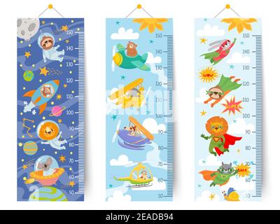 Kids height chart. Cartoon wall ruler for children with animals astronaut in space, pilots in sky and superheroes, sticker meter vector set Stock Vector