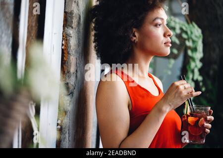 Healthy drinks, diet and people concept. Close up of beautiful afro woman Stock Photo