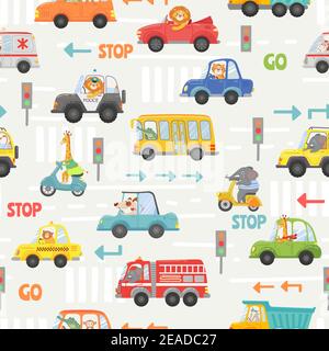 Animals in transport seamless pattern. Kid cartoon cars, bus, police and bike with animal driver. Vector texture with road traffic and signs Stock Vector