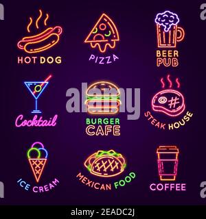 Cafe neon signs. Food and drink glowing light billboards. Burger and pizza restaurant, beer pub, steak house and coffee bar sign vector set Stock Vector