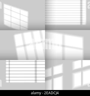 Window shadows. Realistic overlay shadow effect from jalousie. Natural sunlight from windows on walls mockup for product scene, vector set Stock Vector