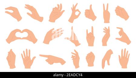 Hands holding gestures. Elegant female and male hand showing heart, ok, like, pointing finger and waving palm. Trendy hands poses vector set Stock Vector