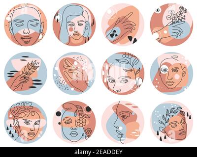 Social media highlight covers. Abstract boho story icons for beauty bloggers with female faces, hands and flowers, round shaped vector set Stock Vector