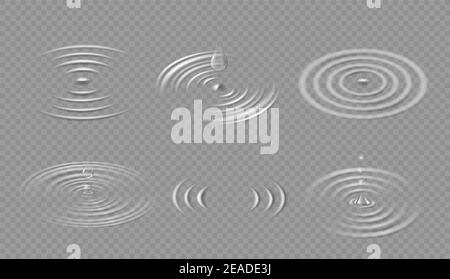 Drops and ripples. Circular wave on water surface. Falling dripping droplet and concentric circle splash in puddle. Liquid ripple vector set Stock Vector