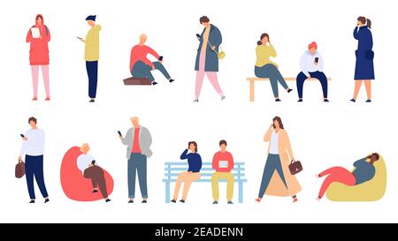 People with phones. Young men and women with smartphone standing and sitting. Mobile society group use device for chat and text, vector set Stock Vector