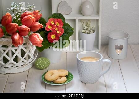 Springtime background with coffee, cookies and spring decorations. Display cabinet with springtime deco arrangement. Orange primrose flower pot and Stock Photo
