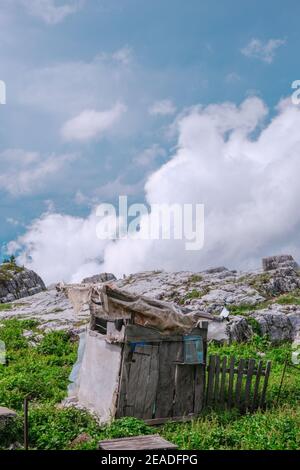 An old cottage ready to fall off high in mount olympus hiking trail on an overcast day Stock Photo