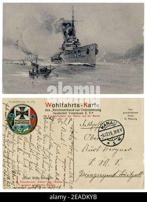 German historical postcard: Moltke-class battlecruiser SMS Goeben (1911) and Magdeburg-class cruiser SMS Breslau (1911), world war one 1914-1918. Stock Photo