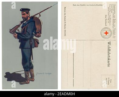 German historical postcard: a kaisermarine sailor from the battleship SMS Sachsen (1916), fully equipped, with a rifle on his shoulder, world war one Stock Photo