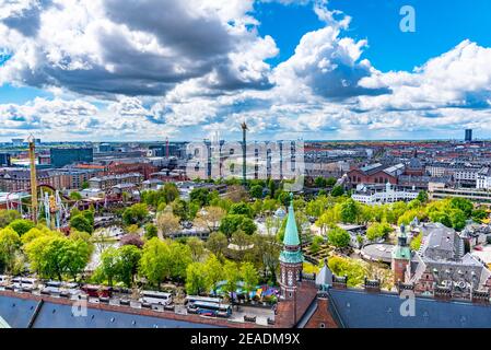 Aerial view of Tivoli amusement park in Copenhagen, Denmark. Stock Photo