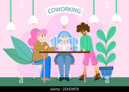 Flat-hand drawn coworking space Vector illustration. Stock Vector