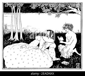 Yellow Book cover design, Pan reading to woman in woodland by Aubrey Beardsley in 1898 volume 13 of The Studio an Illustrated Magazine of Fine and App Stock Photo