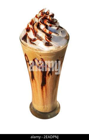 Iced Latte frappuccino with whipping cream in tall glass isolated on white background. Stock Photo
