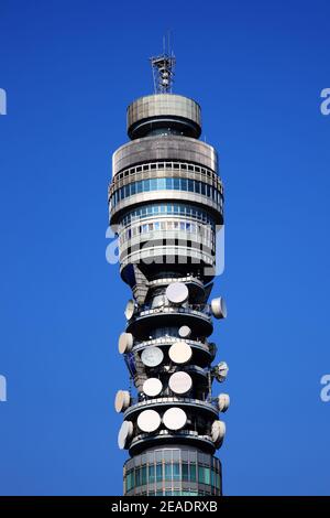 BT Tower in London built in 1965 originally the Post Office Tower but also known as the British Telecom Tower which is a popular travel destination to Stock Photo