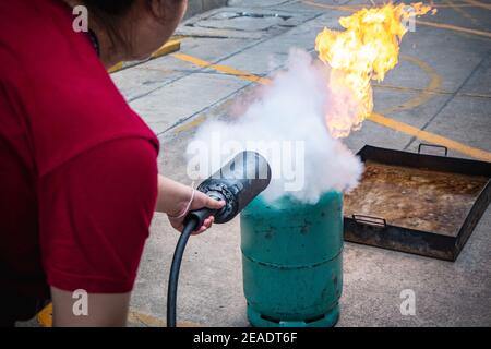 Employees firefighting training,Extinguish a fire. Stock Photo