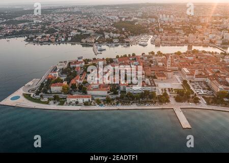 Aerial drone shot of Zadar old town during sunrise hour in Croatia Dalmatia area Stock Photo