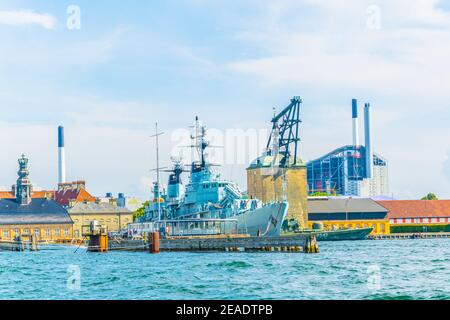 View of naval boats anchoring in Copenhagen, Denmark. Stock Photo