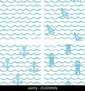 Four different seamless pattern vectors made with nautical motifs. Stock Vector