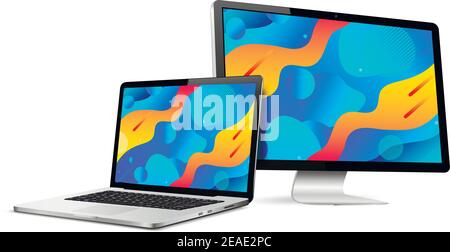 Responsive web design computer display with laptop isolated. Abstract geometric background on devices screen. Stock Vector