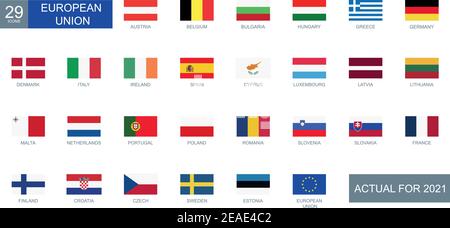 Set of all flags of European countries in rectangular shape with description - Vector illustration Stock Vector