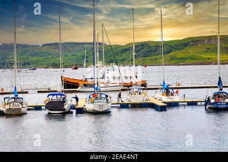 Boats moored in Oban Bay, Gateway to the Isles, Oban, Argyll and Bute, Scotland Stock Photo