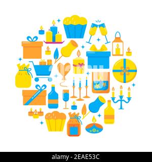 Holiday round concept banner in flat style. Bright poster with celebration symbols including candles and gift boxes. Vector illustration. Stock Vector