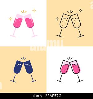 Two champagne glasses clink icon set in flat and line styles. Romantic or celebration symbol collection. Vector illustration. Stock Vector